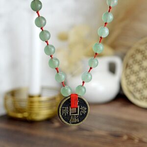 Náhrdelník AVANTURÍN + čínske mince -Šťastie, Hojnosť, Srdce, Vitalita, Zdravie