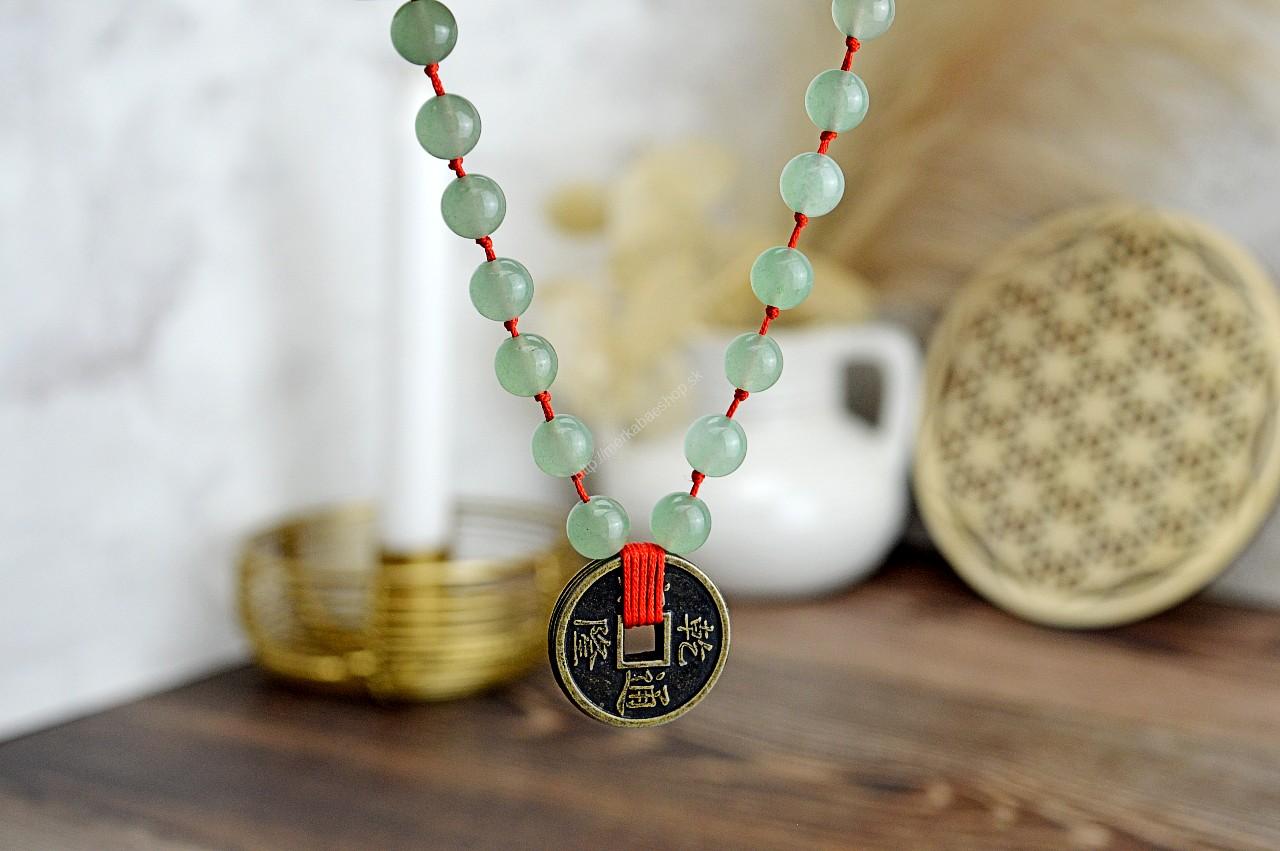 Náhrdelník AVANTURÍN + čínske mince -Šťastie, Hojnosť, Srdce, Vitalita, Zdravie