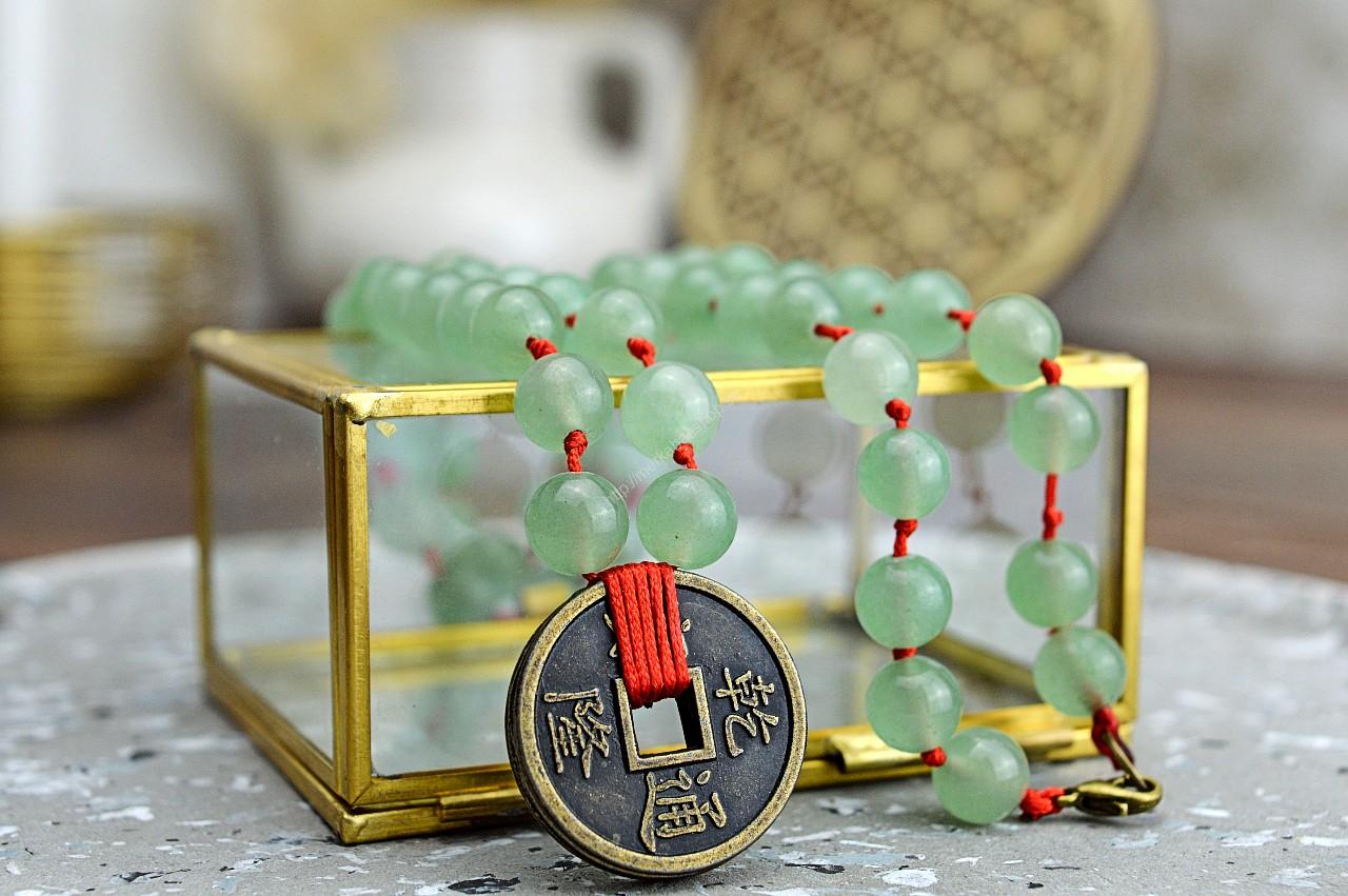 Náhrdelník AVANTURÍN + čínske mince -Šťastie, Hojnosť, Srdce, Vitalita, Zdravie