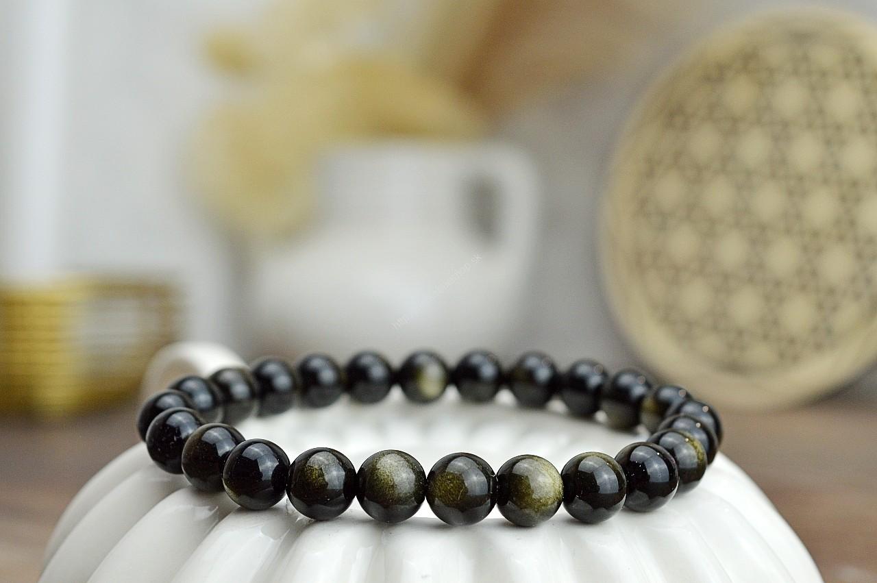 Náramok OBSIDIÁN ZLATÝ 8mm- Kameň Osobnej Moci, Manifestácie a Ochrany AAA kvalita