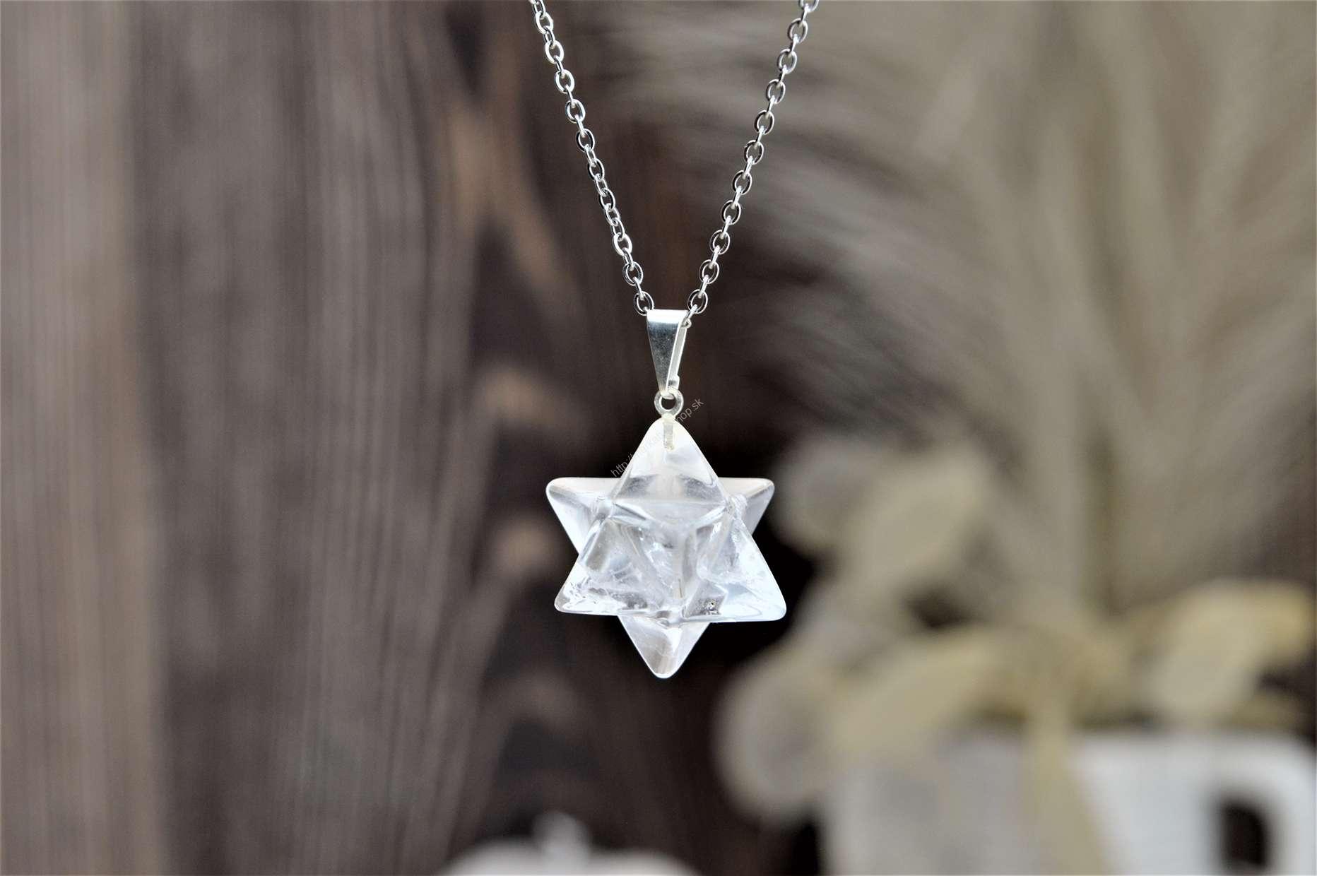 Prívesok MERKABA KRIŠTÁĽ ČÍRA #VEĽKÁ + kožka - Ochrana, Svetlo na Zemi, Majster liečiteľ, Manifestovanie, Sila, Energia