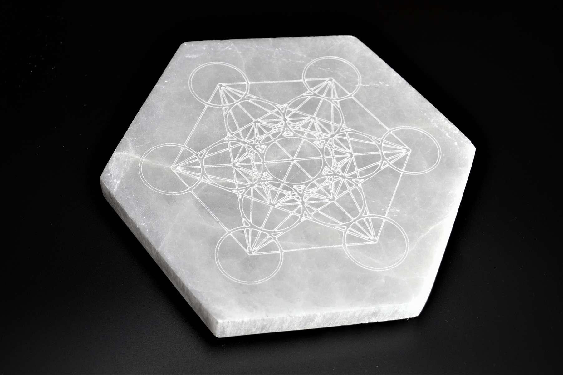 Selenitová podložka s posvätnou geometriou Metatronov Hexagon