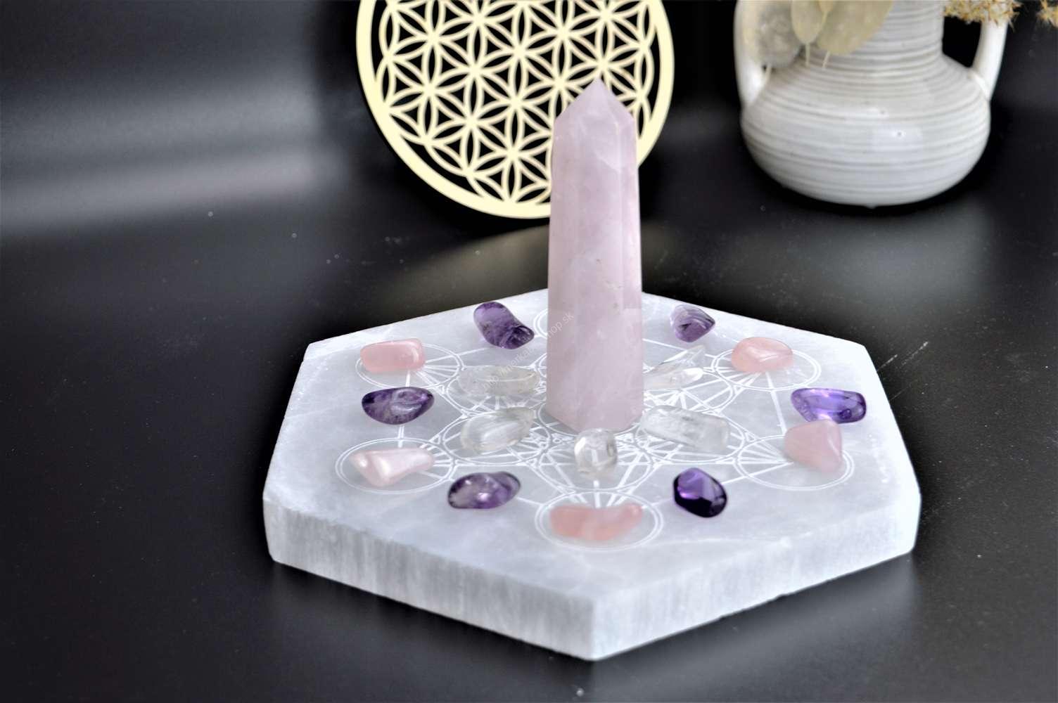 Selenitová podložka s posvätnou geometriou Metatronov Hexagon – Obrázok 3