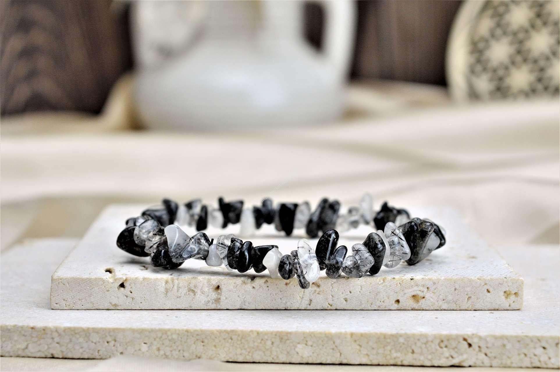 Náramok sekaný KRIŠTÁĽ S TURMALÍNOM – Silná Ochrana, Celková očista, Duševný vývoj, Odpustenie, Rozpustenie Blokád