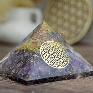 Orgonitová pyramída/ žiarič AMETYST s Kvetom Života