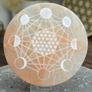 vysokovibračná SELENITOVÁ Podložka Metatronov Hexagon a Fázy Mesiaca +Kvet Života