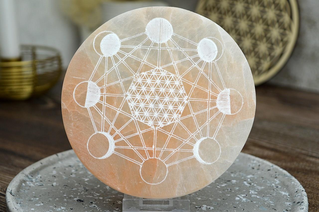 vysokovibračná SELENITOVÁ Podložka Metatronov Hexagon a Fázy Mesiaca +Kvet Života