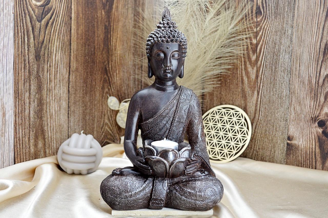 Soška meditujúci BUDHA - LOTOS svietnik na čajový kahanec 31cm (živica)