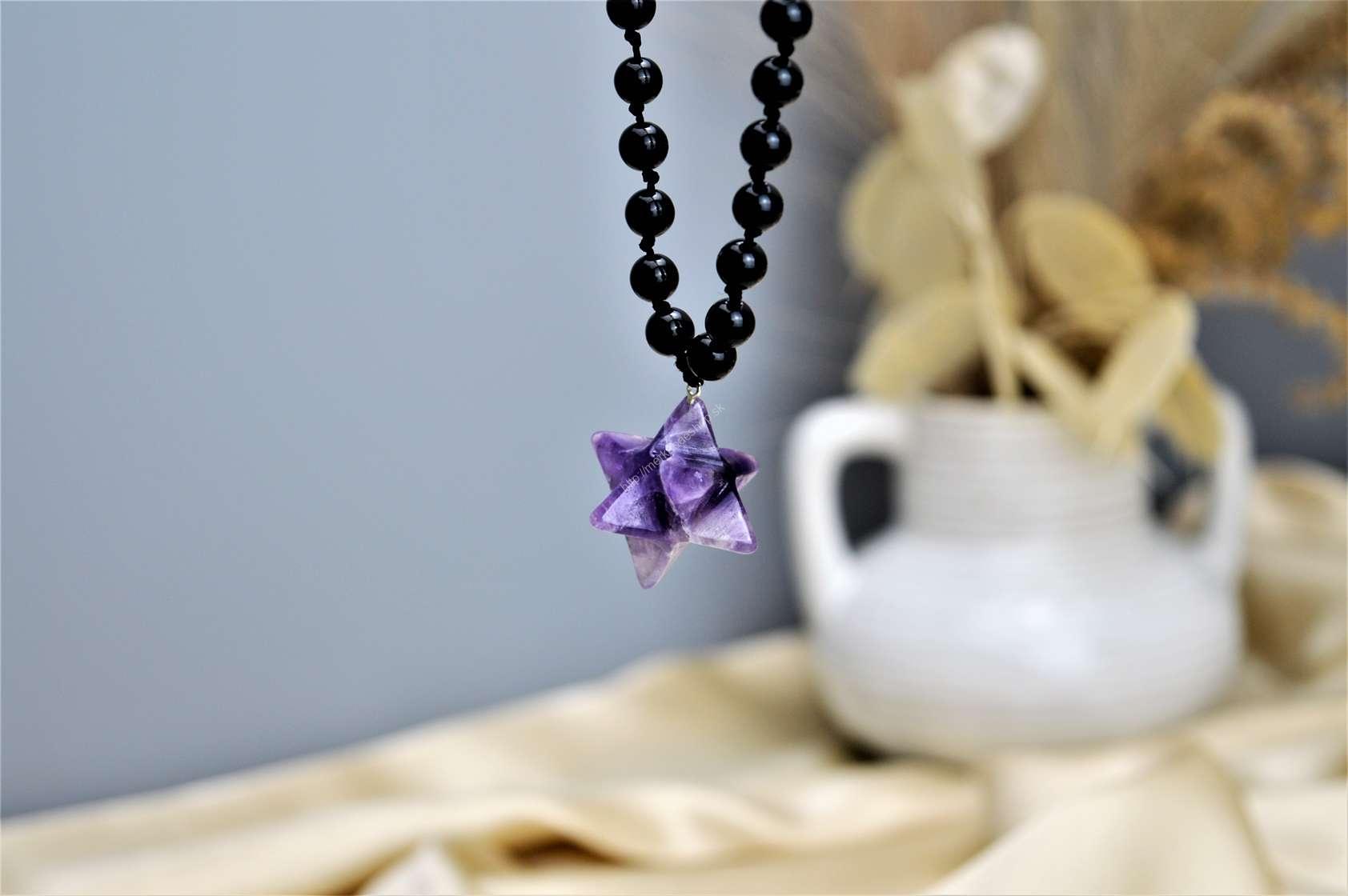 Ochranný náhrdelník Merkaba - Ametyst + Čierny Ónyx