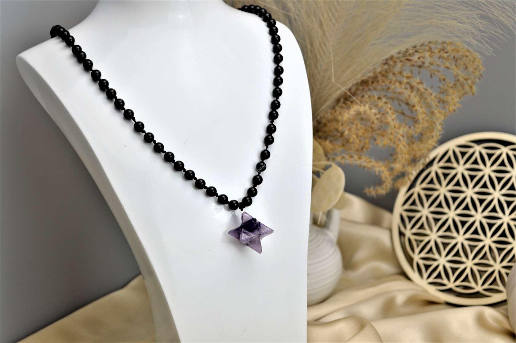 Ochranný náhrdelník Merkaba - Ametyst + Čierny Ónyx