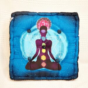 Veľký Meditačný vankúš JOGÍN, 7 ČAKIER a METATRONOV HEXAGON modrý štvorec