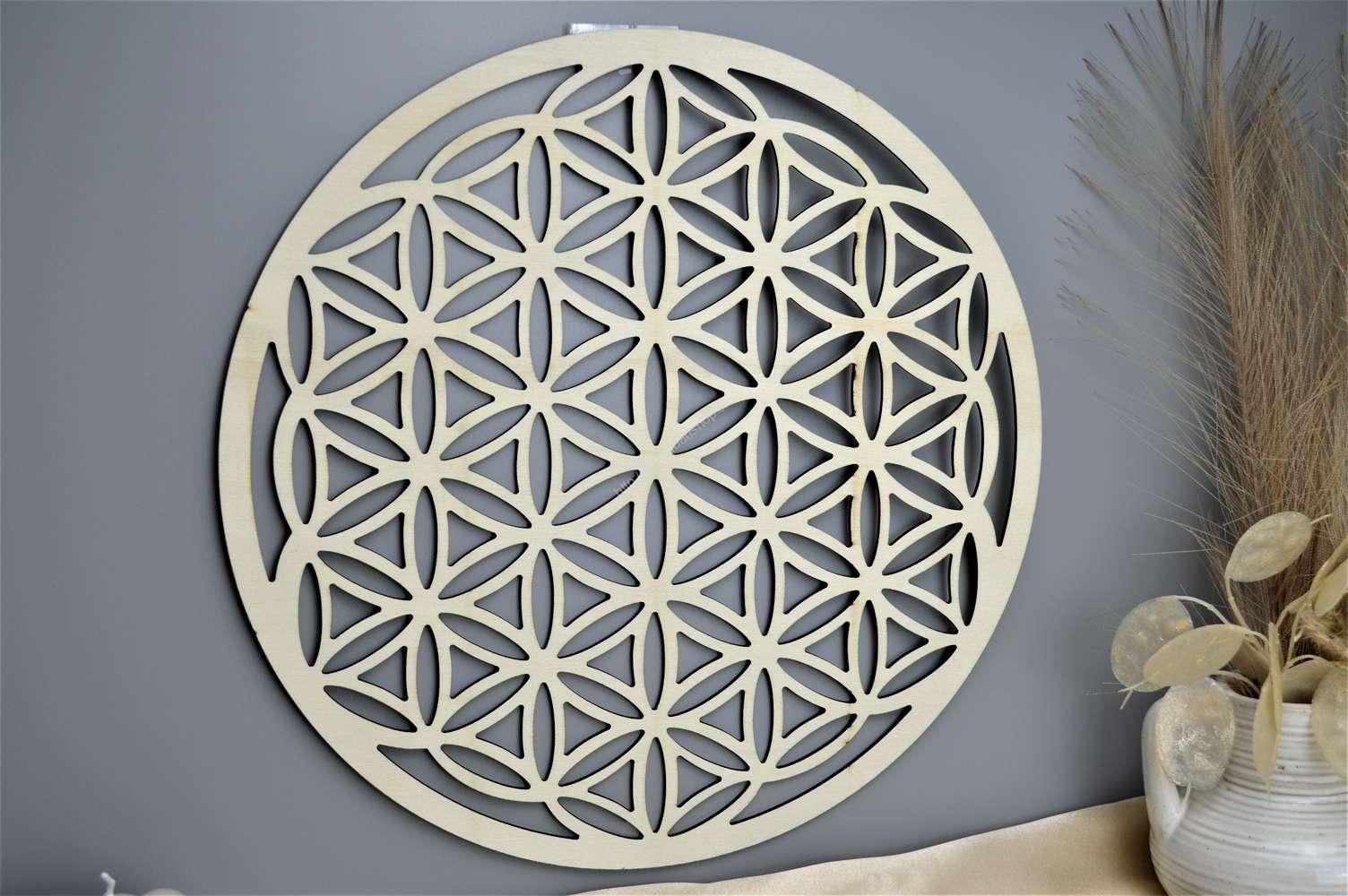 Vyrezávaná drevená mandala Kvet Života 30cm – Obrázok 2