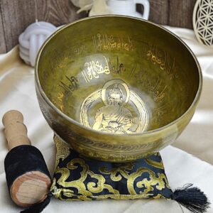 Ručne tepaná a zdobená Tibetská spievajúca miska BUDHA 19 cm 1kg + gong a vankúšik