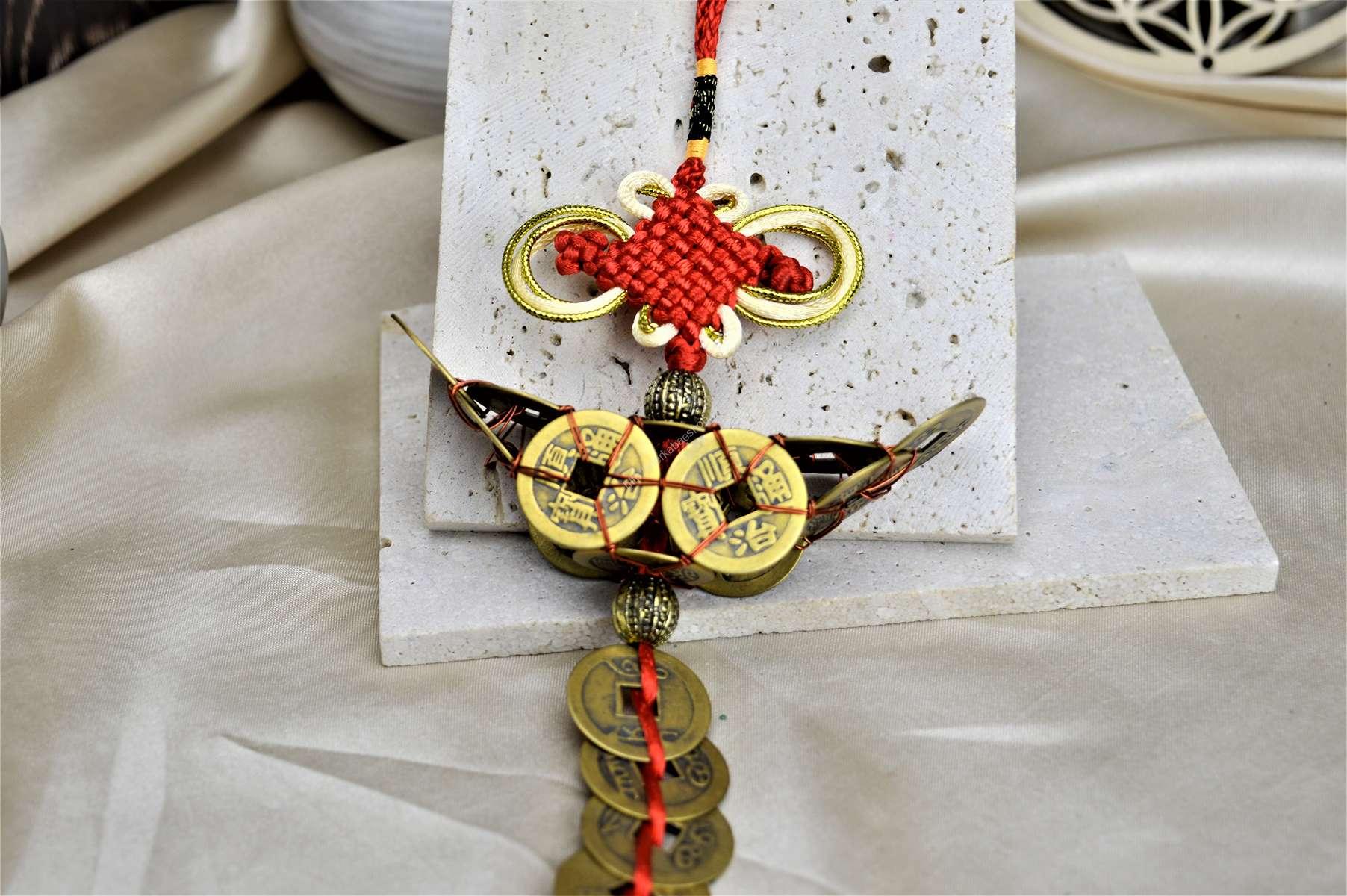 Feng - Shui Závesný talizman INGOT BOHATSTVA z 12 Čínskych mincí + 5 Čínskych mincí – Obrázok 3