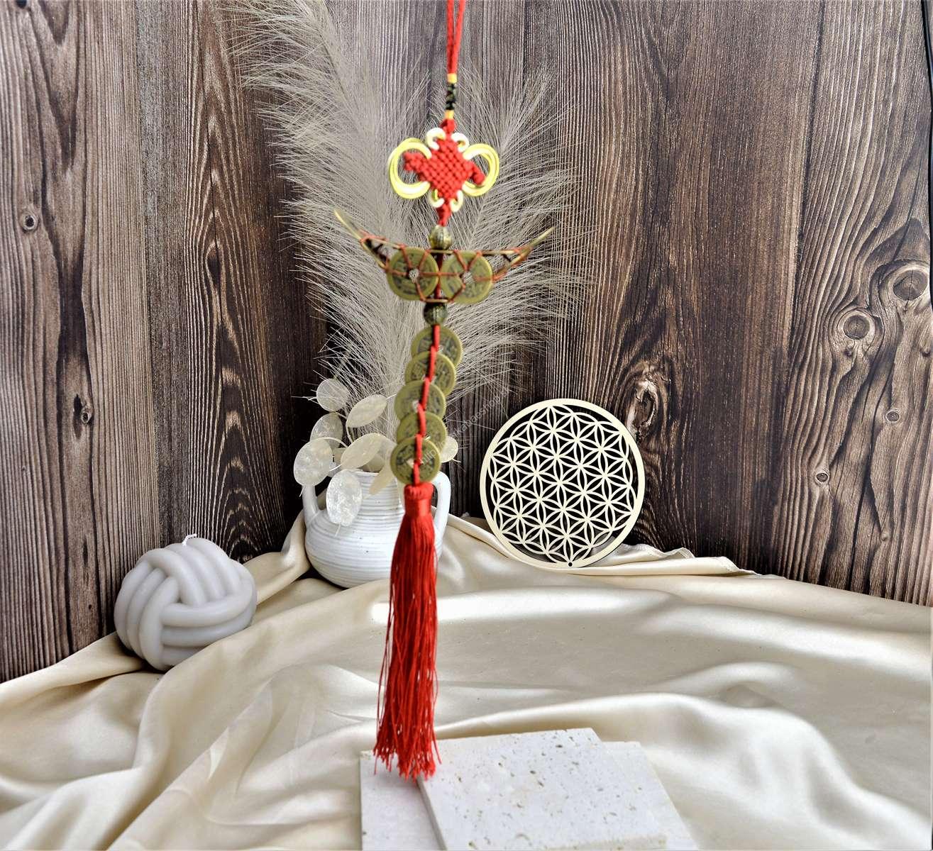 Feng - Shui Závesný talizman INGOT BOHATSTVA z 12 Čínskych mincí + 5 Čínskych mincí – Obrázok 2