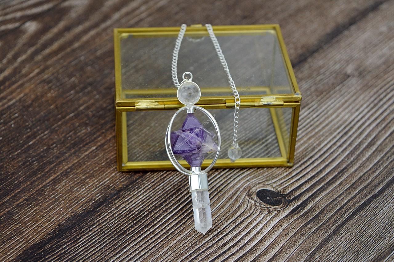 Kyvadlo KRYŠTÁĽ + AMETYST s Merkabou, Obeliskom a Guľou