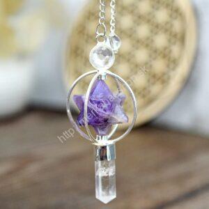 Kyvadlo KRYŠTÁĽ + AMETYST s Merkabou, Obeliskom a Guľou