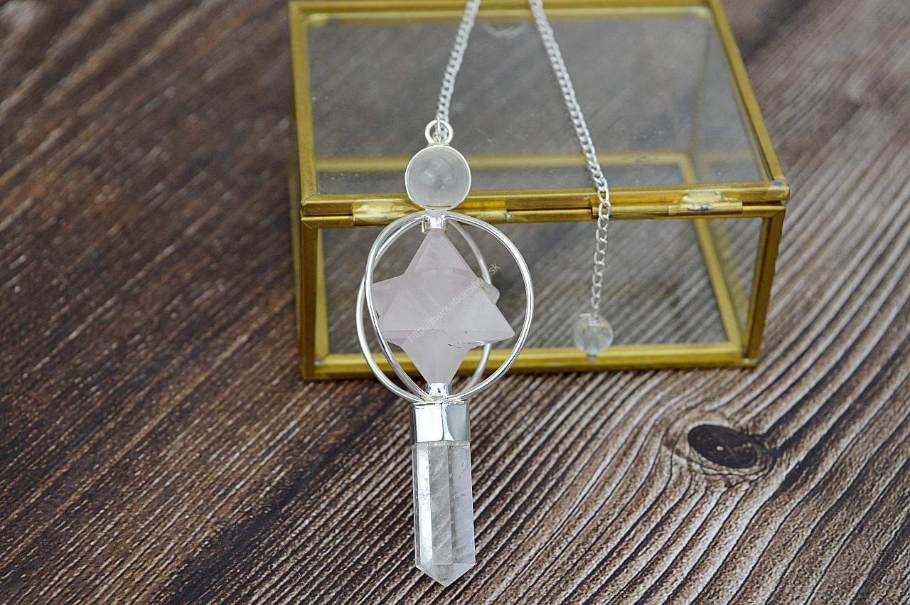 Kyvadlo KRYŠTÁĽ + RUŽENÍN s Merkabou, Obeliskom a Guľou