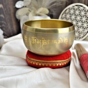 Tibetská miska 5  Budhov zlatá 11 cm 0,5kg + gong a vankúšik