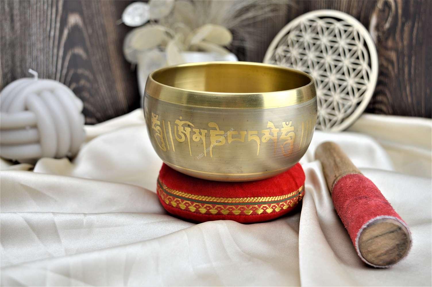 Tibetská miska 5 Budhov zlatá 11 cm 0,5kg + gong a vankúšik