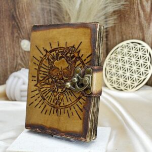 Ručne vyrábaný Kožený Zápisník -Pentagram a Lebka