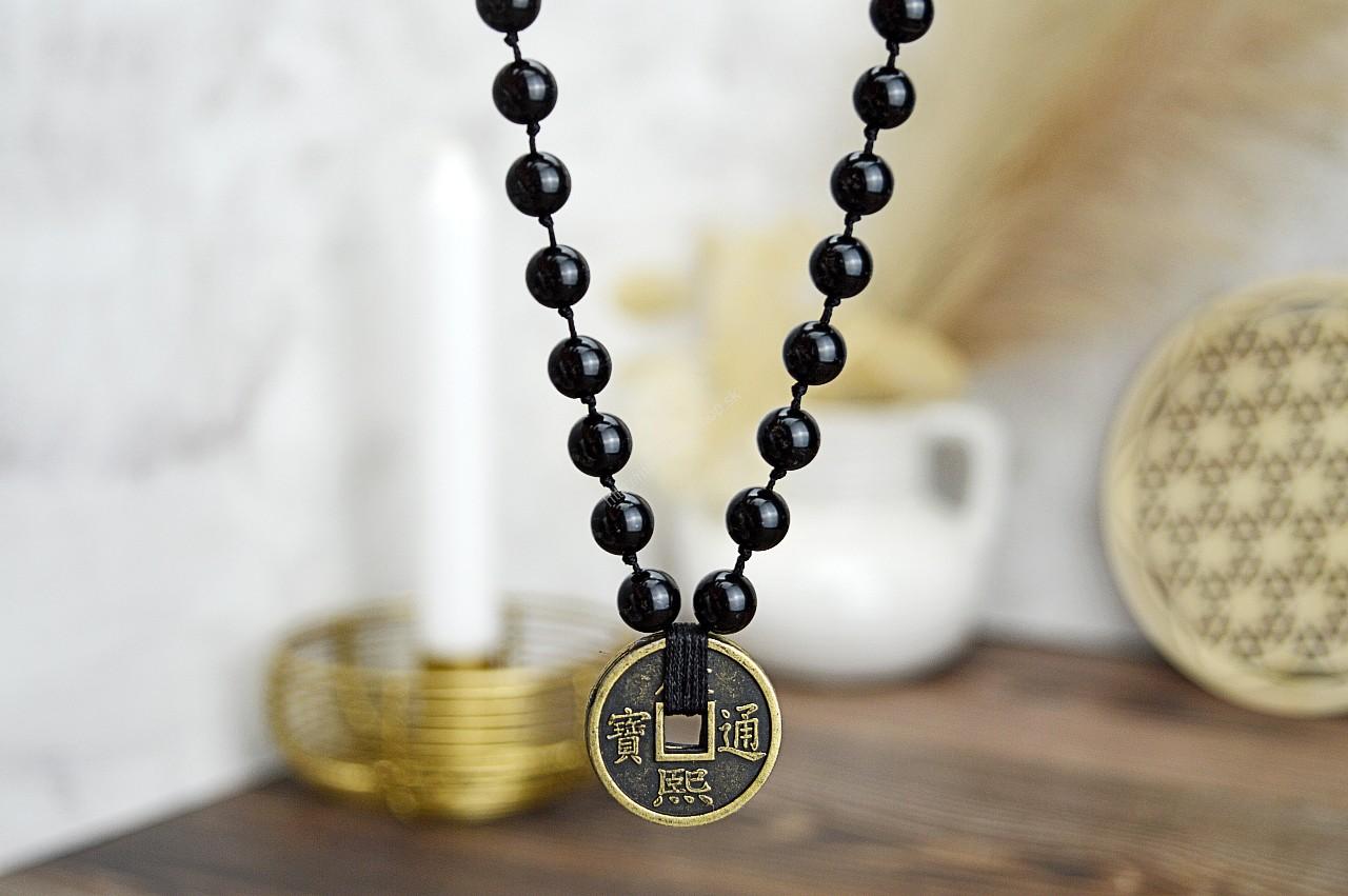 Ochranný náhrdelník ČIERNY OBSIDIÁN + Čínske mince -Bohatstvo, Ochrana, Prijatie, Uzemnenie, Očista, Obnovenie energie čakier