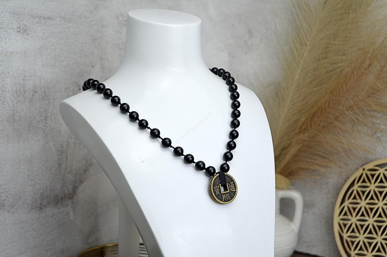Ochranný náhrdelník ČIERNY OBSIDIÁN + Čínske mince -Bohatstvo, Ochrana, Prijatie, Uzemnenie, Očista, Obnovenie energie čakier – Obrázok 3