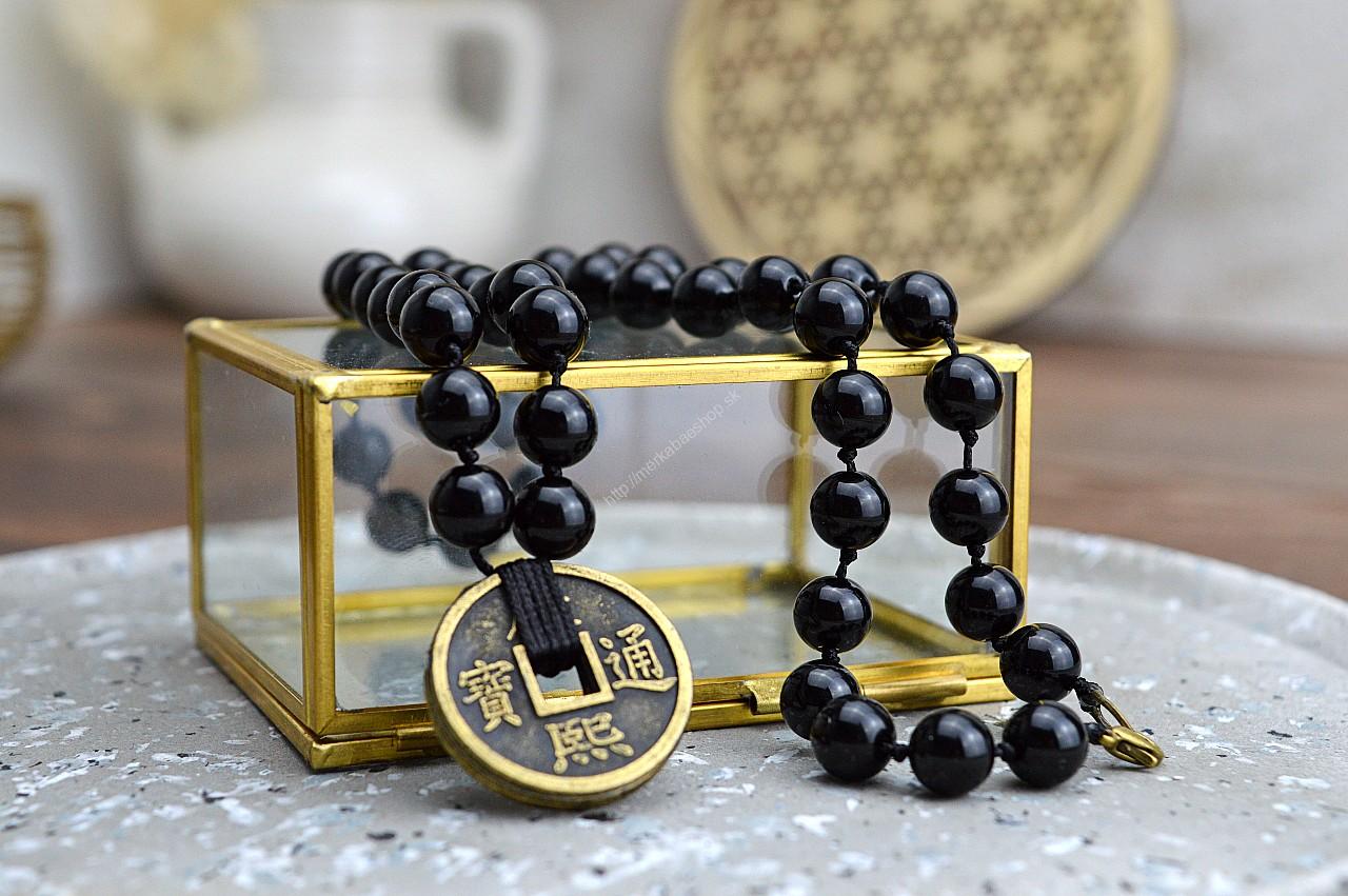 Ochranný náhrdelník ČIERNY OBSIDIÁN + Čínske mince -Bohatstvo, Ochrana, Prijatie, Uzemnenie, Očista, Obnovenie energie čakier – Obrázok 2