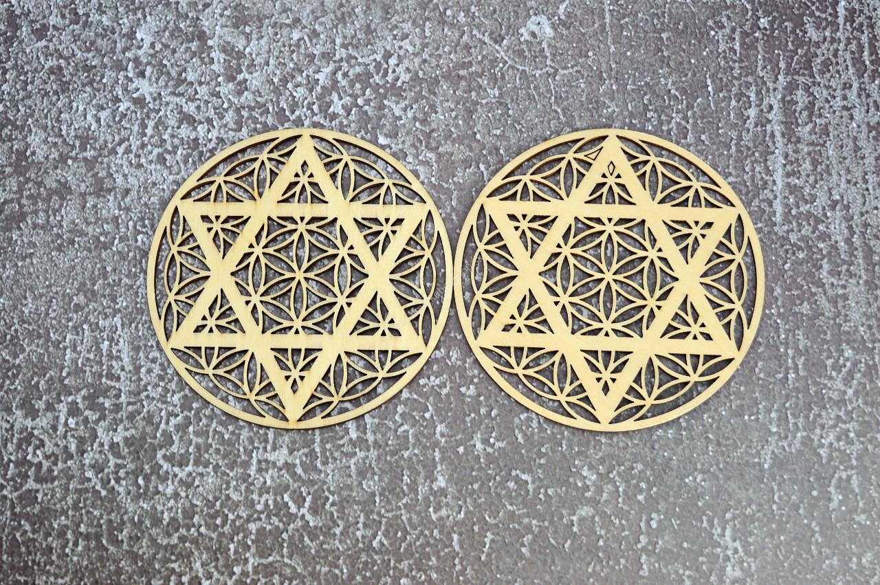 2 KS Drevenná podtácka Vyrezávaná mandala Kvet Života - Merkaba