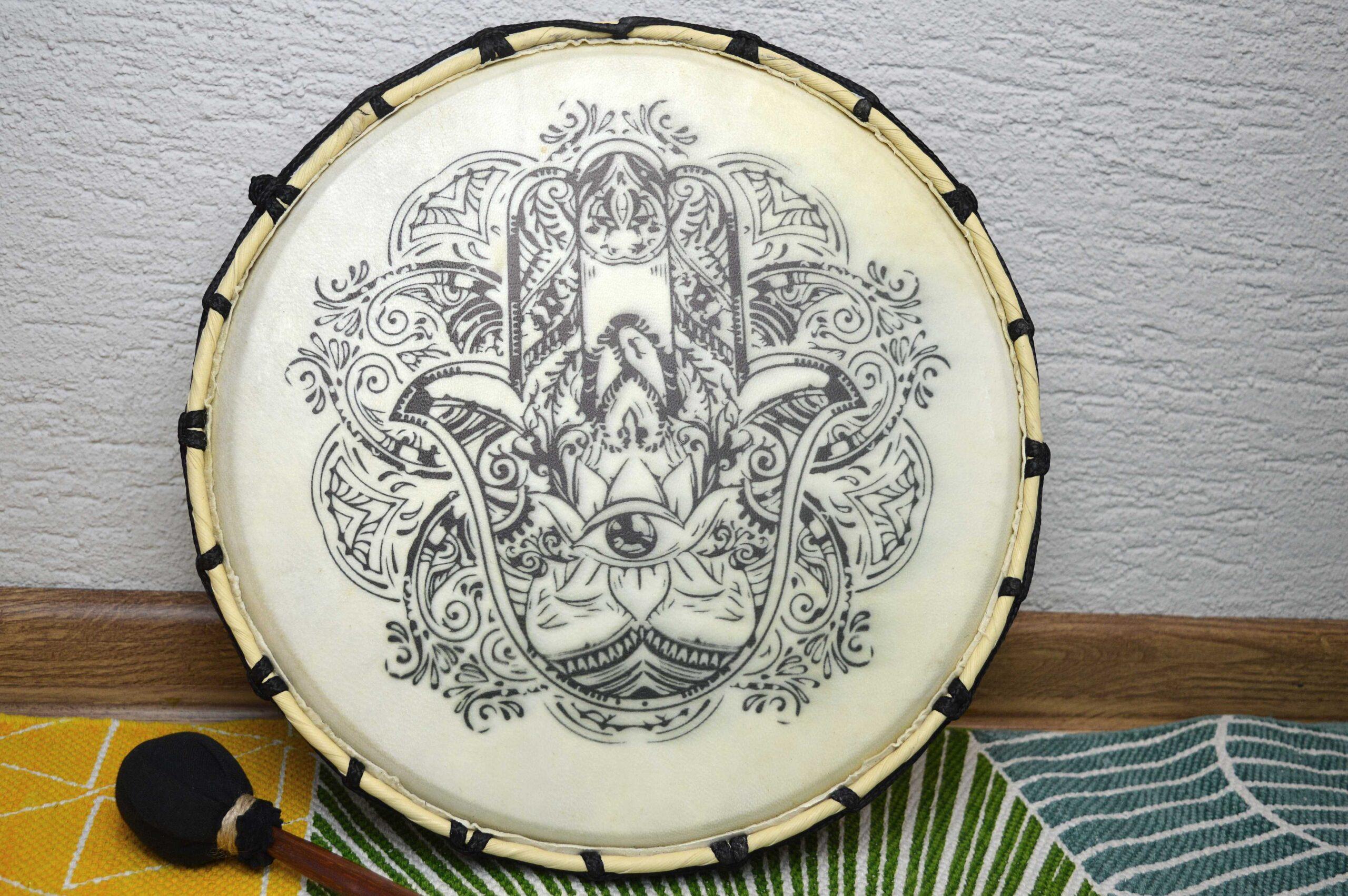 Hamsa Šamanský Bubon - Kozia Koža, Drevo Suar 30 cm s paličkou – Obrázok 3