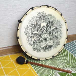 Hamsa Šamanský Bubon - Kozia Koža, Drevo Suar 30 cm s paličkou