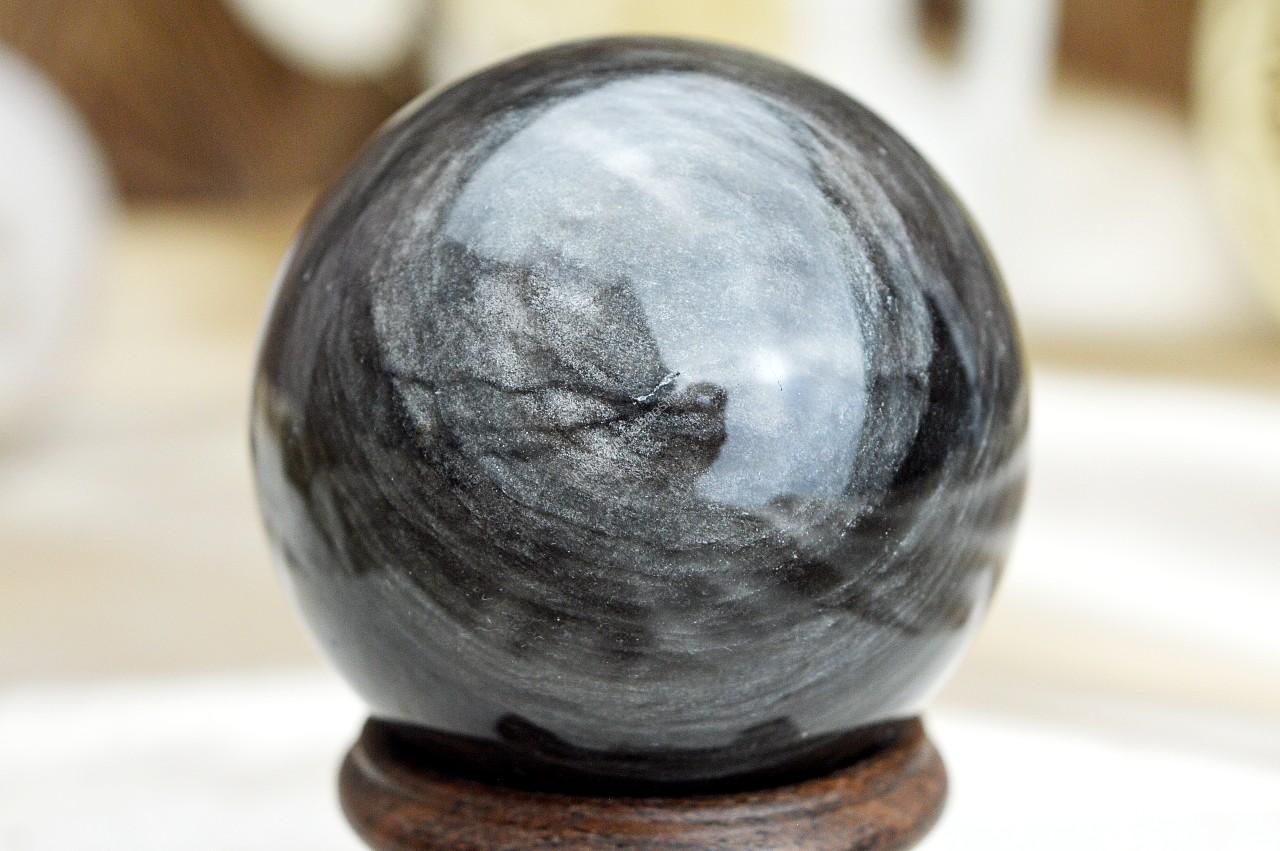 Guľa Manifestácie a Ochrany zo Strieborného OBSIDIÁNU #3 AAA Kvalita
