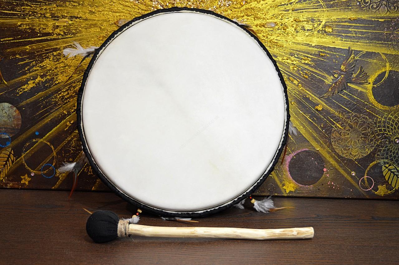 Šamanský Bubon s ozdobným perím, Kozia Koža, Drevo masív Mahagón 40 cm