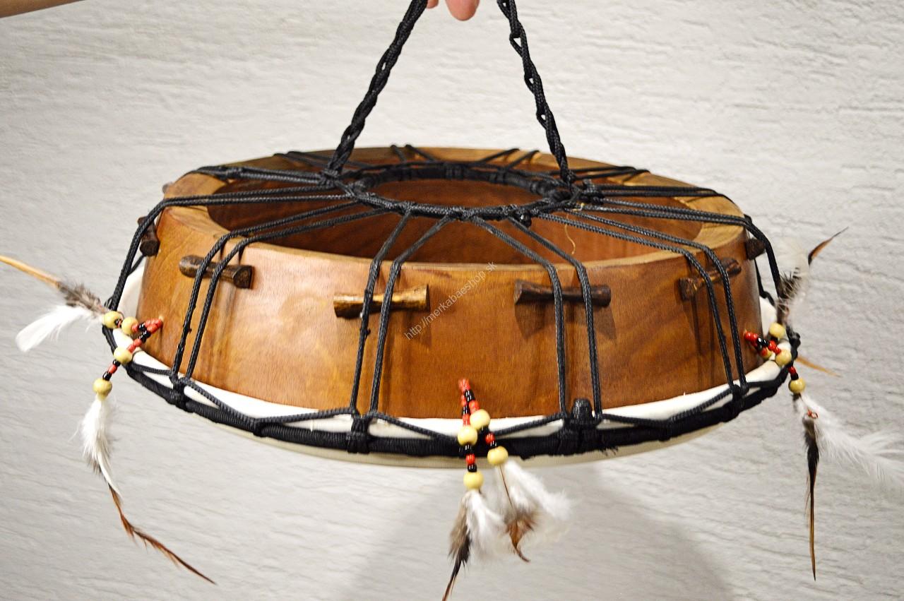Šamanský Bubon s ozdobným perím, Kozia Koža, Drevo masív Mahagón 40 cm – Obrázok 6