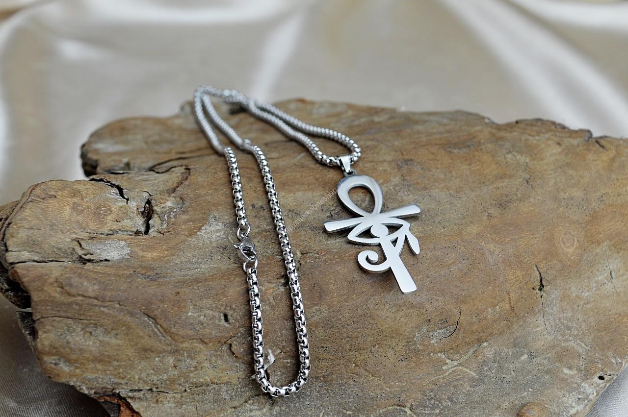 Náhrdelník ANKH+HÓROVO OKO z Chirurgickej/ nerezovej ocele strieborný – Obrázok 3