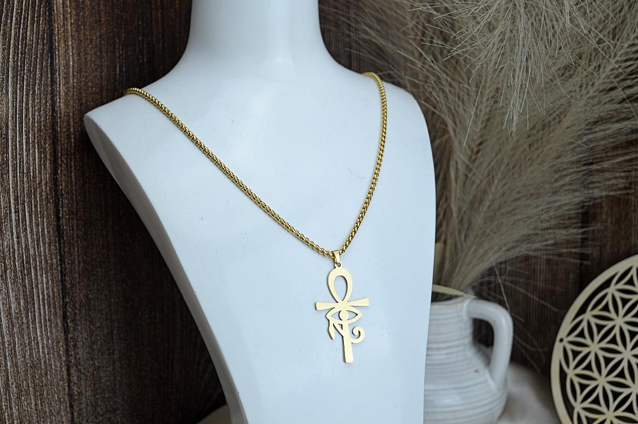 Náhrdelník ANKH + HOROVO OKO z Chirurgickej/ nerezovej ocele zlatý – Obrázok 3