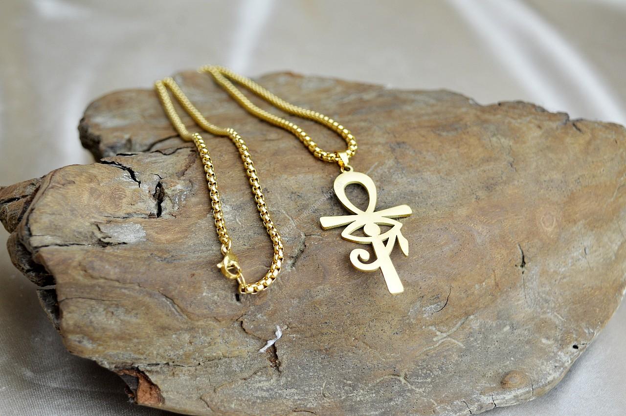 Náhrdelník ANKH + HOROVO OKO z Chirurgickej/ nerezovej ocele zlatý – Obrázok 2