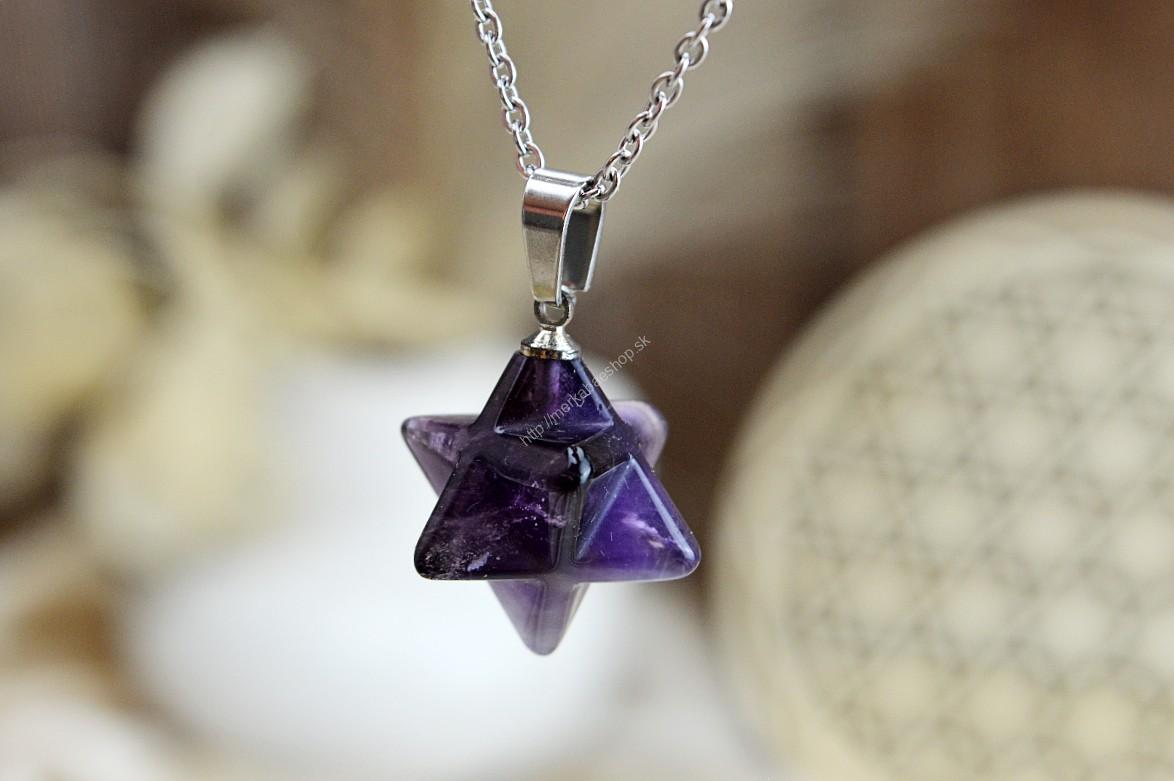 prívesok Merkaba z AMETYSTU na retiazke z Chirurgickej ocele v Darčekovom vrecúšku
