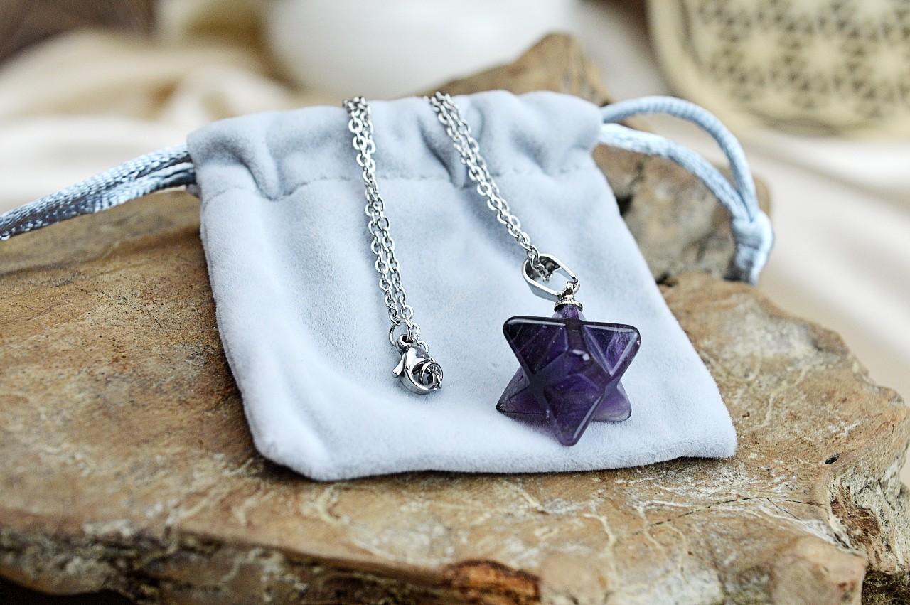 prívesok Merkaba z AMETYSTU na retiazke z Chirurgickej ocele v Darčekovom vrecúšku – Obrázok 2
