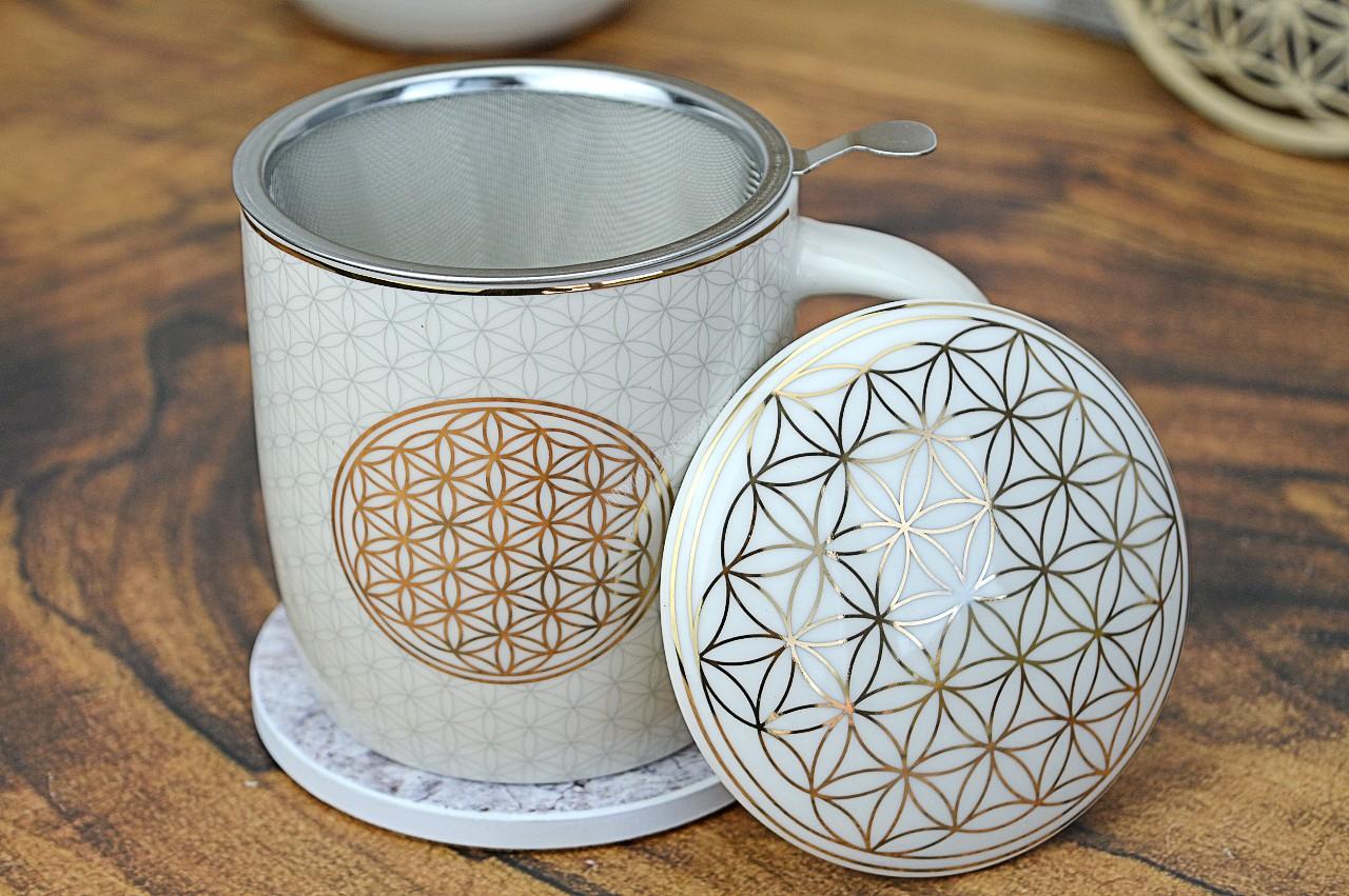 Hrnček Kvet Života na čaj s nerezovým sitkom na bylinky a vrchnákom