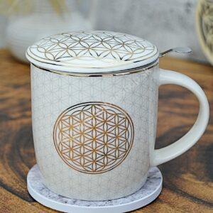 Hrnček Kvet Života na čaj s nerezovým sitkom na bylinky a vrchnákom