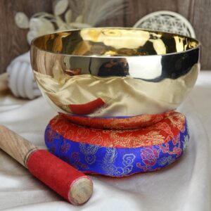 Leštená ručne tepaná Tibetská spievajúca miska 19 cm + gong a vankúšik