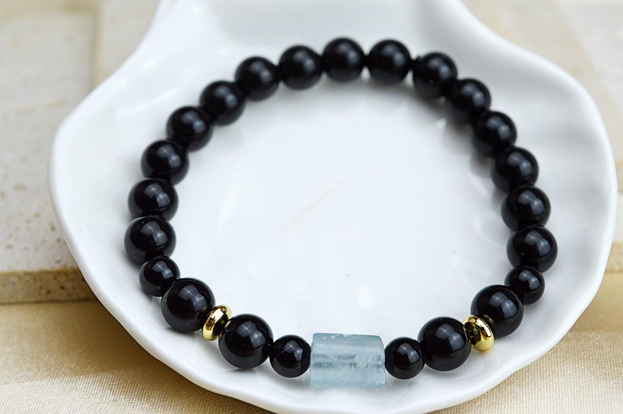 Náramok OBSIDIÁN + AKVAMARÍN - Energetický štít Aury, Upokojenie, Komunikácia, Obnova energie, Silná Ochrana, Uzemnenie, Očista – Obrázok 3