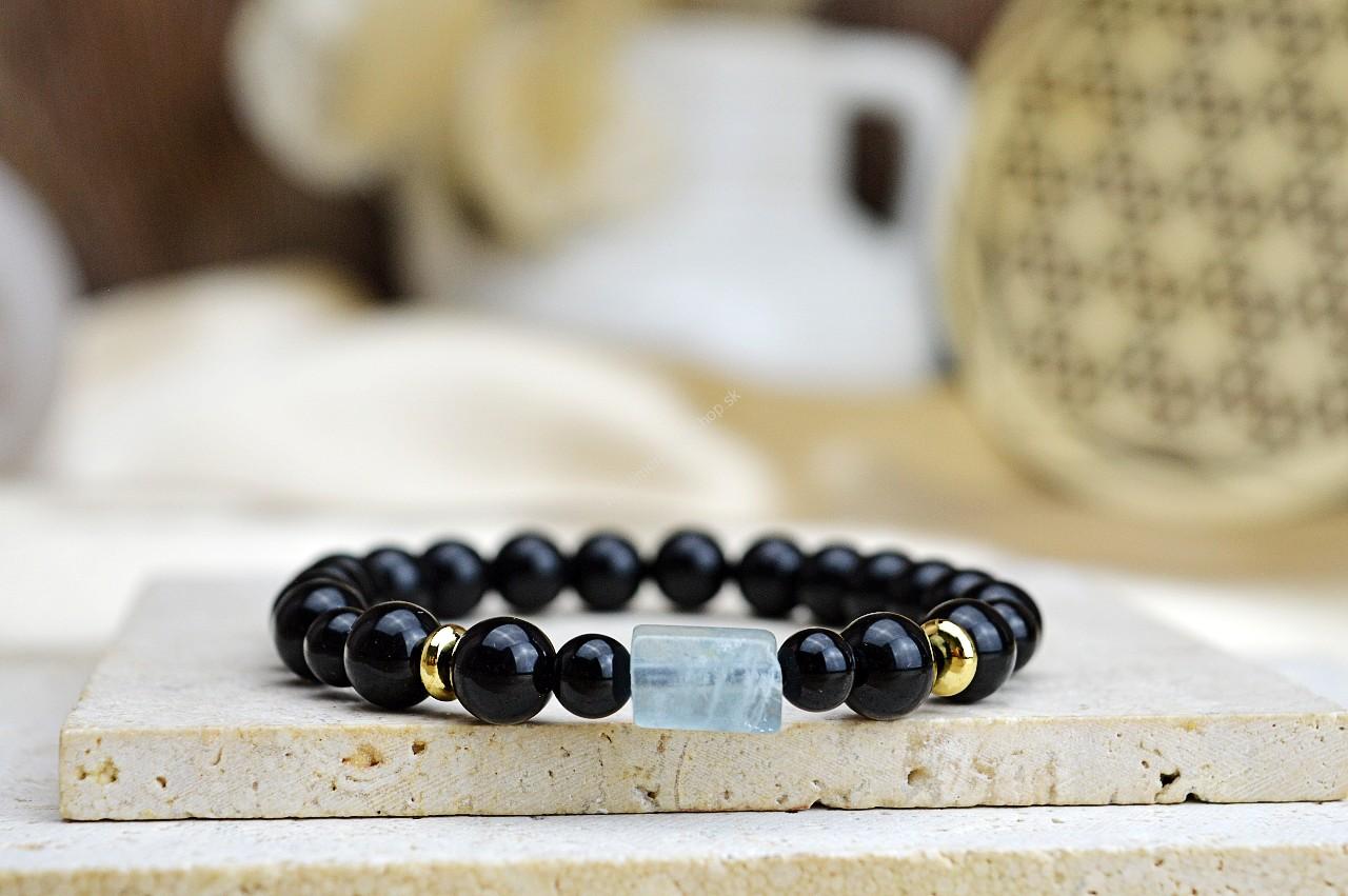 Náramok OBSIDIÁN + AKVAMARÍN - Energetický štít Aury, Upokojenie, Komunikácia, Obnova energie, Silná Ochrana, Uzemnenie, Očista