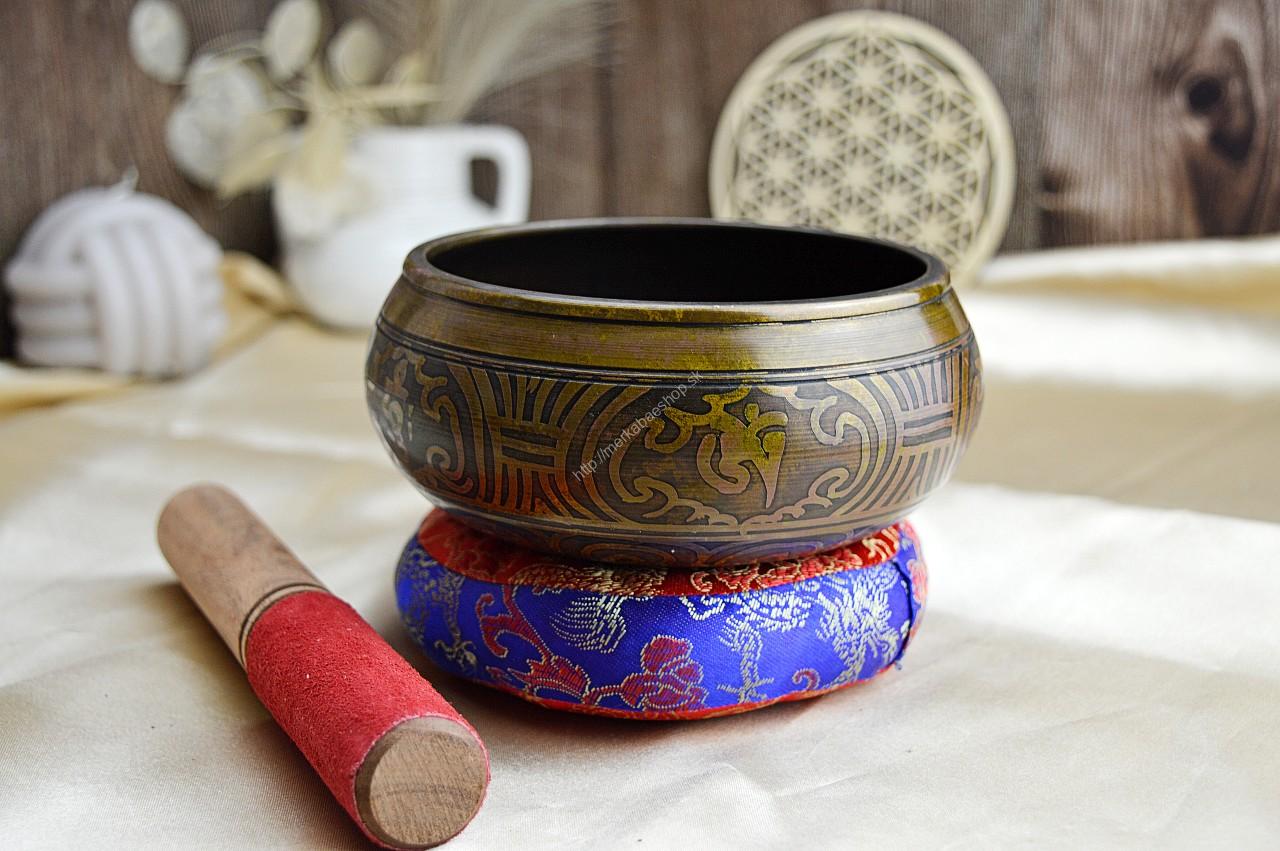 Tibetská miska Budha zlatá13 cm + gong a vankúšik