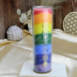 Čakrová sviečka z Palmového vosku s Esenciálnym olejom Céder a Zemolez v skle- 7čakier (100h)