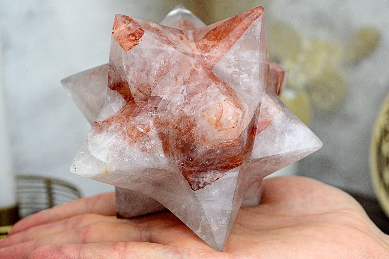 Dvojitá MERKABA KRIŠTÁĽ S HEMATITOM 12 cm #2- Ochrana, Symbol Rovnováhy a vyššieho Vedomia