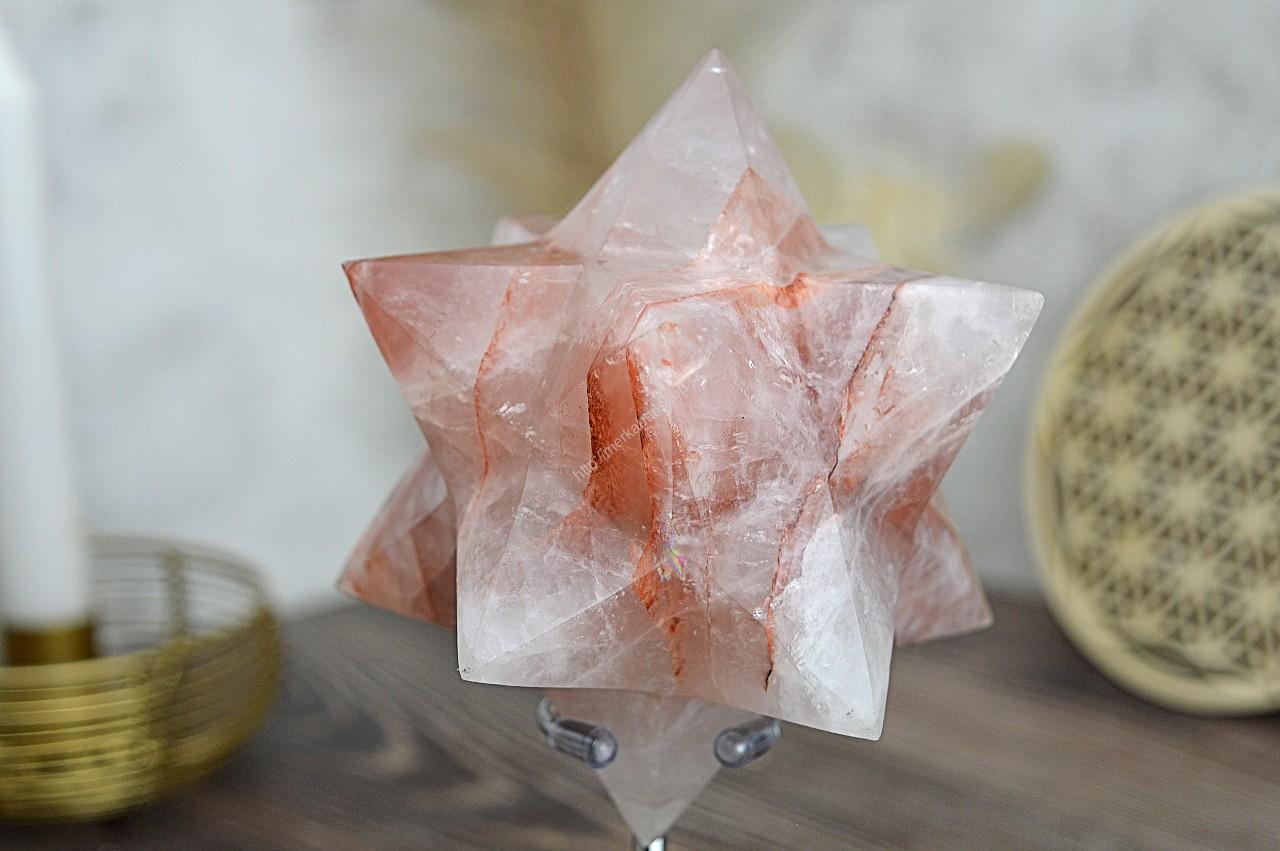 Dvojitá MERKABA KRIŠTÁĽ S HEMATITOM 12 cm #2- Ochrana, Symbol Rovnováhy a vyššieho Vedomia