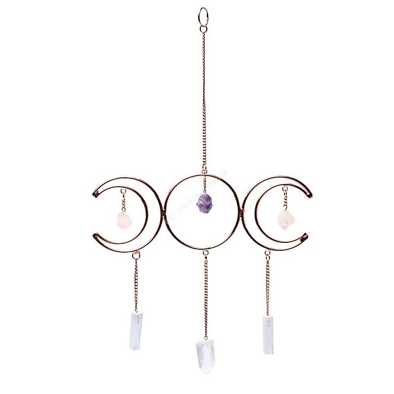 závesný medený žiarič VYROVNANIA ENERGIE "Zlatý Trojuholník" - Krištáľ, Ruženin, Ametyst, Selenit a Trojitý Mesiac