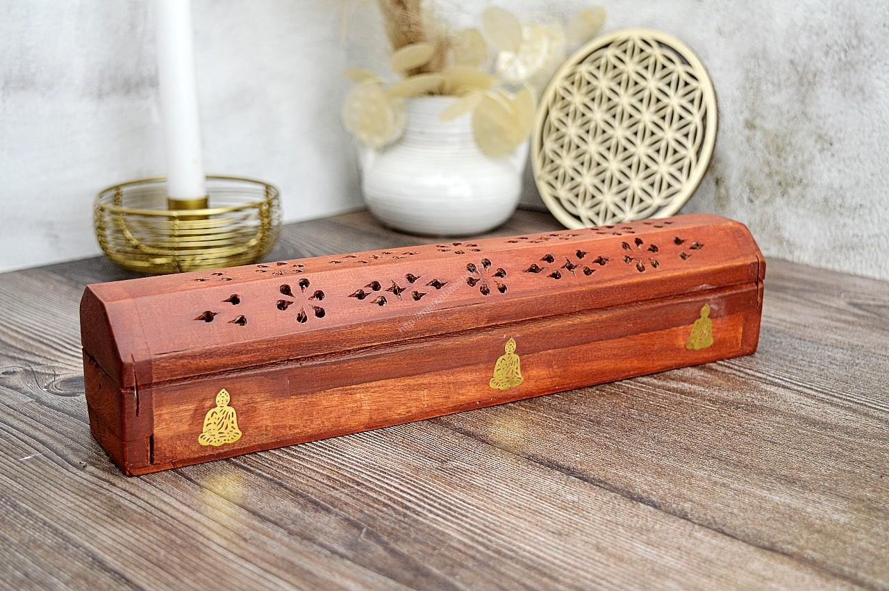 Stojan na vonné tyčinky a kužele Truhlička z mangového dreva BUDHA